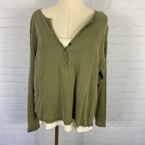 Sonoma Tops - Vintage Y2K Sonoma XL 100% Cotton Olive Green Ribbed Cami Lined Henley Layered